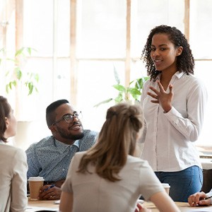 a person talking during a meeting
